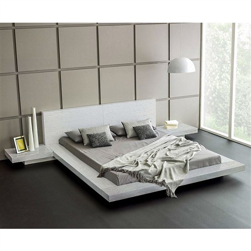 King Size Ash White Wood Platform Bed Frame with Headboard and 2 Attached Nightstands