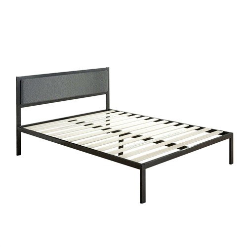 King Size Black Metal Platform Bed Frame with Wood Slats and Grey Upholstered Headboard