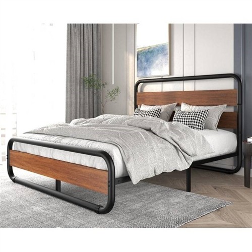 King Size Industrial Black Metal Platform Bed Frame with Wood Panel Headboard