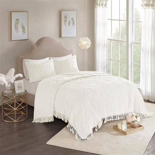 King Size Off White 100% Chenille Cotton 3 Pc Bedspread Set with Fringed Hem