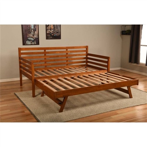 Twin Size Brown Solid Wood Day Bed Frame with Pull-Out/Pop-Up Twin Trundle Bed