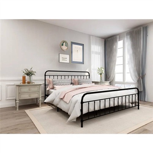 King Size Black Metal Platform Bed Frame with Rounded Headboard and Footboard