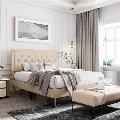 King Size Beige Platform Upholstered Bed Frame with Adjustable Height Headboard