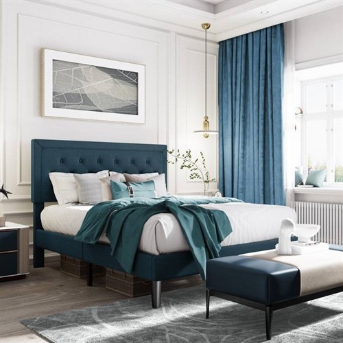 King Size Blue Platform Upholstered Bed Frame with Adjustable Height Headboard