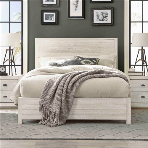 King Size Farmhouse Solid Pine Off White Platform Bed Frame