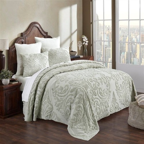 King Size Sage 100% Chenille Cotton Oversized 3 Pc Bedspread Set