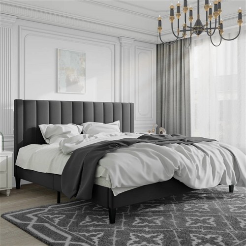 King Size Black Velvet Upholstered Platform Bed Frame with Headboard