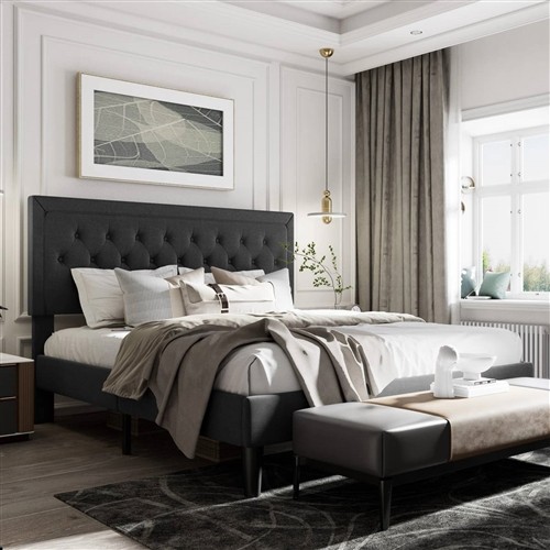 King Size Black Platform Upholstered Bed Frame with Adjustable Height Headboard