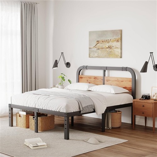 King Size Industrial Black Metal Bed Frame with Solid Wood Panel Headboard