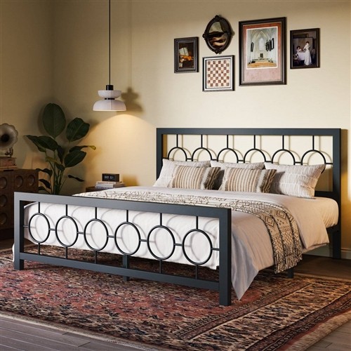 King Size Black Metal Platform Bed Frame with Circle Medallion Headboard and Footboard