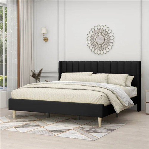 King Size Mid Century Black Upholstered Platform Bed Frame with Upholstered Headboard