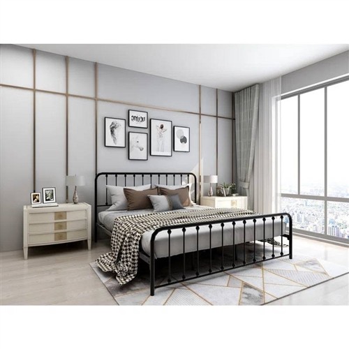 King Size Black Metal Platform Bed Frame with Rounded Corner Headboard  and Footboard