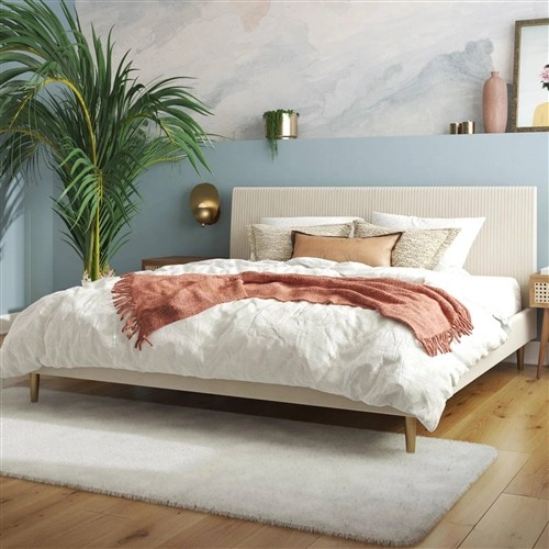 King Size Mid Century Off-White Velvet Upholstered Platform Bed Frame with Headboard