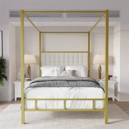 King Size Gold Metal Canopy Bed with Upholstered Button-Tufted Headboard