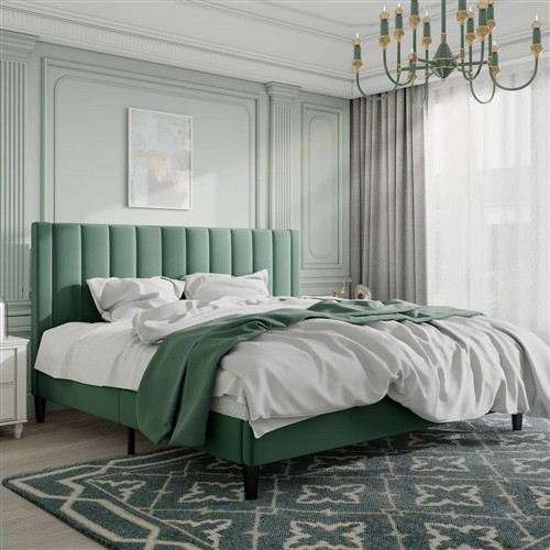 King Size Green Velvet Upholstered Platform Bed Frame with Headboard