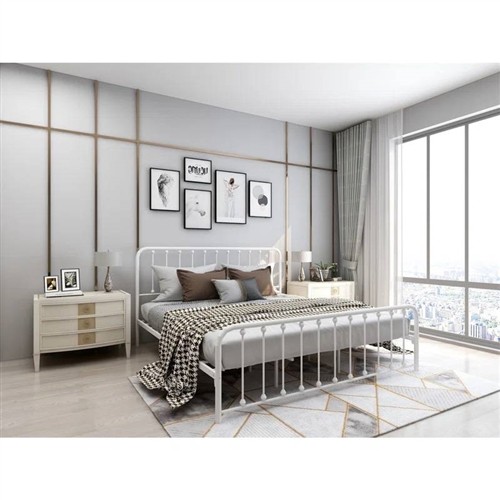 King Size White Metal Platform Bed Frame with Rounded Corner Headboard and Footboard