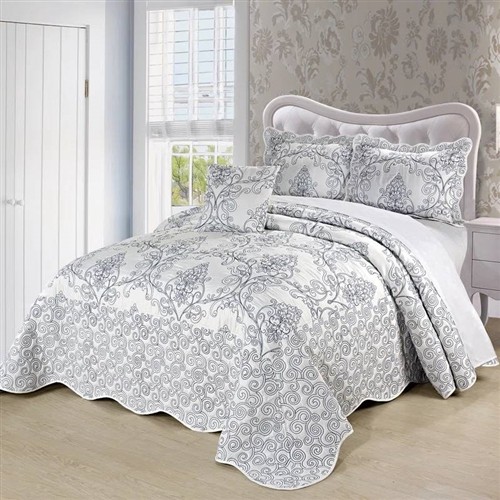 King Size White Damask Embroidered Oversized 4 Pc Bedspread Set