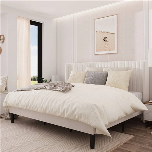 King Size White Velvet Upholstered Platform Bed Frame with Wingback Headboard