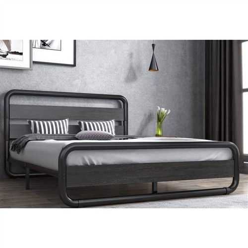 King Size Round Industrial Black Metal Frame Platform Bed Frame with Black Wood Panel Headboard and Footboard
