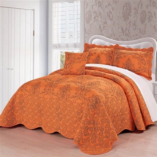 King Size Nectarine Orange Damask Embroidered Oversized 4 Pc Bedspread Set