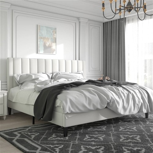 King Size White Velvet Upholstered Platform Bed with Headboard
