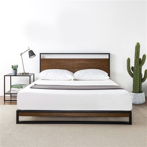 King Size Black Metal Platform Bed Frame with Rustic Wood Headboard