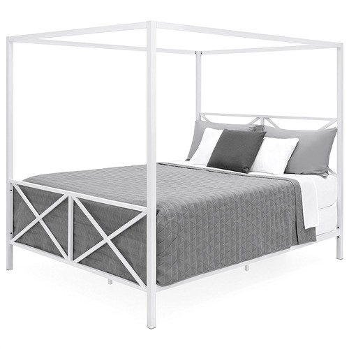 Queen Size White Metal Canopy Bed Frame with Headboard and Footboard