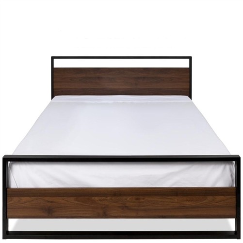 Queen Size Low Profile Black Metal Platform Bed Frame with Wood Headboard