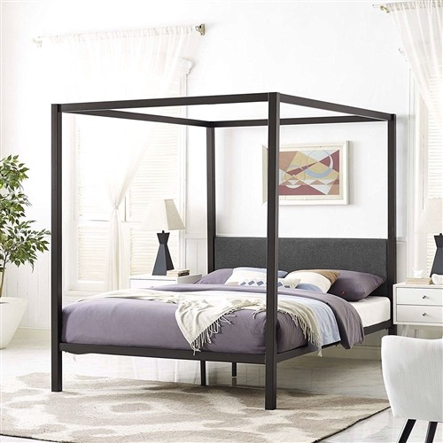 Queen Size Brown Metal Canopy Bed Frame with Grey Upholstered Headboard
