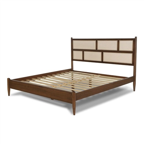 King Size Solid Wood Walnut Platform Bed Frame with Cane Paneling Headboard