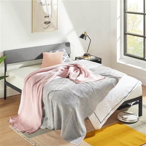 Queen Size Black Metal Platform Bed Frame with Grey Upholstered Headboard and Wooden Slats