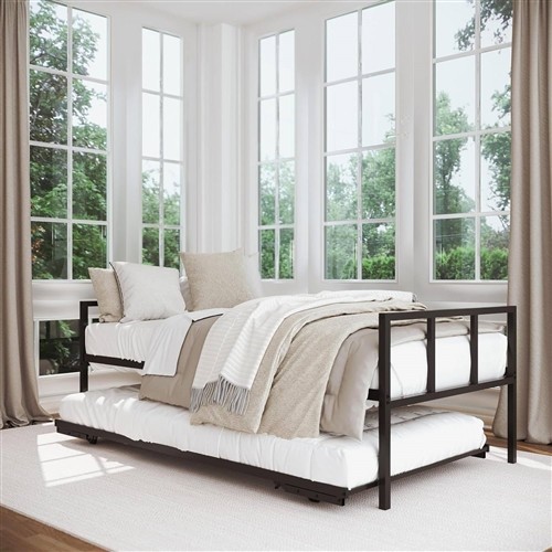 Twin Size Open-Back Black Metal Day Bed Frame with Roll-Out/Pop-Up Twin Trundle Bed
