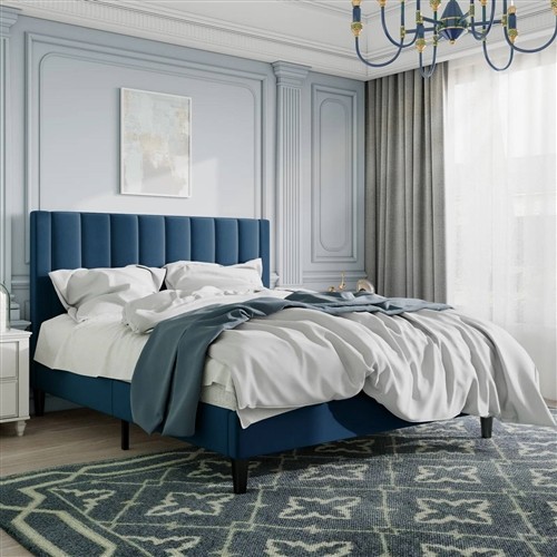 Full Size Navy Blue Velvet Upholstered Platform Bed Frame with Headboard