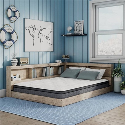 Twin Size Natural Wood Corner Platform Bed Frame with Storage Shelves and USB Ports