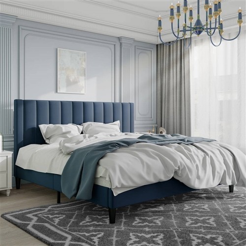 King Size Navy Blue Velvet Upholstered Platform Bed with Headboard