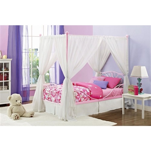 Twin Size Four Poster Pink Metal Canopy Bed