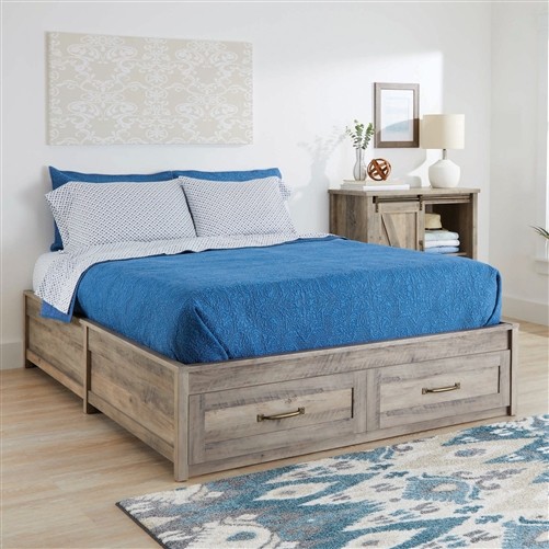 Queen Size Farmhouse Grey Wood Platform Bed Frame with 2 Storage Drawers