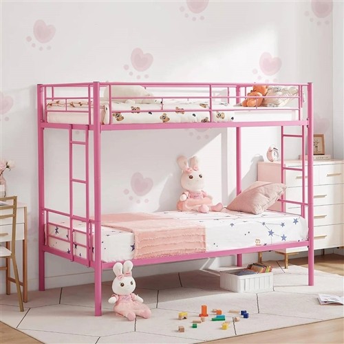 Twin over Twin Size Pink Metal Bunk Bed Frame