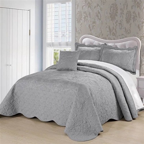 Queen Size Ash Grey Damask Embroidered Oversized 4 Pc Bedspread Set