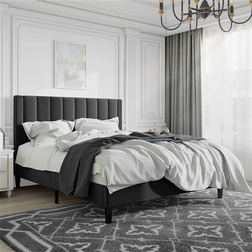 Queen Size Black Velvet Upholstered Platform Bed Frame with Headboard