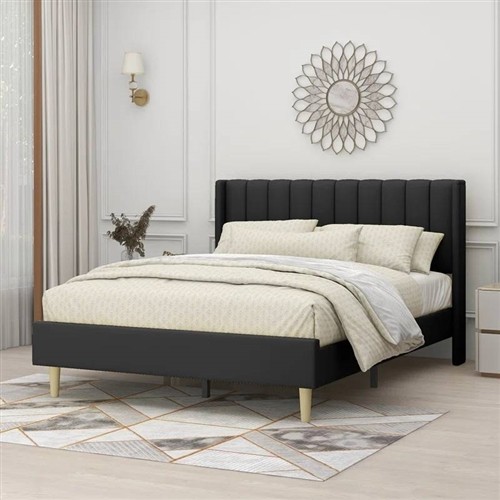 Queen Size Mid Century Black Upholstered Platform Bed Frame with Headboard