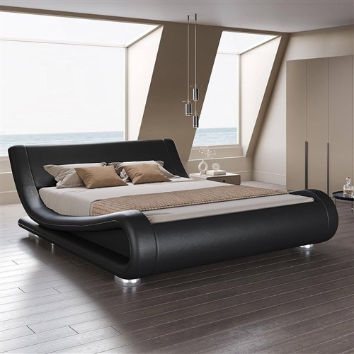 Queen Size Modern Black Leather Upholstered Platform Bed Frame with Sleigh Headboard