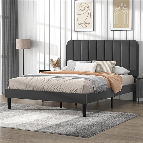 Queen Size Dark Grey Upholstered Platform Bed Frame with Headboard