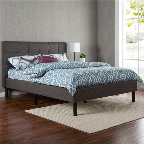 Queen Size Dark Grey Upholstered Platform Bed Frame with Padded Headboard