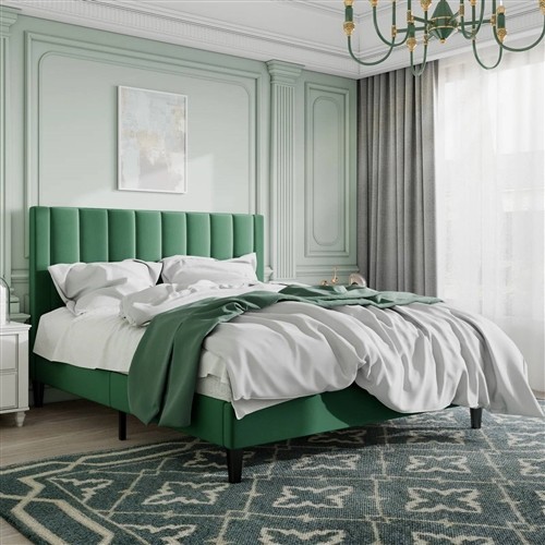Queen Size Green Velvet Upholstered Platform Bed Frame with Headboard
