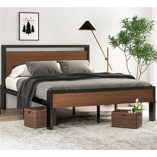 Queen Size Black Metal Platform Bed Frame with Walnut Wood Panel Headboard and Footboard
