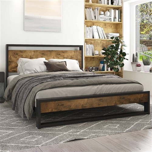 Queen Size Black Metal Platform Bed Frame with Rustic Wood Panel Headboard and Footboard