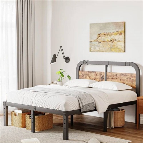 Queen Size Industrial Black Metal Platform Bed Frame with Rustic Wood Panel Headboard