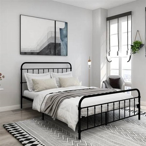 Queen Size Black Metal Platform Bed Frame with Open Rounded Headboard and Footboard