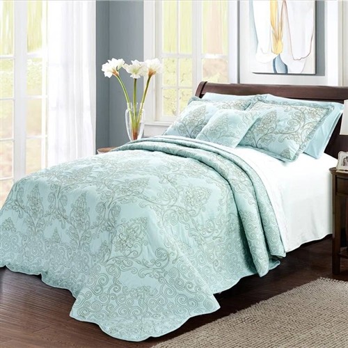 Queen Size Light Blue Damask Embroidered Oversized 4 Pc Bedspread Set